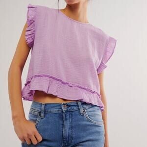 Free People Purple Gauze Cotton Short Sleeve Ruffle Cropped Boho Top S